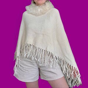 Simply Natural Fur Trim Knit Poncho | Cream Fringe Wrap | One Size